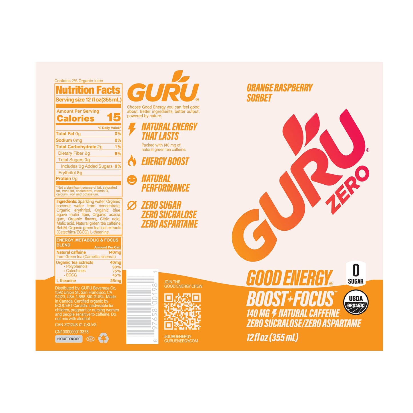 GURU Zero Sugar Energy Drink Variety Pack, Organic Sparkling Energy Drink with 140 MG Natural Caffeine & Coconut Water for Workouts, Performance & Midday Boost, Gluten Free, 6 Flavor Variety, 12 Fl Oz, 12 Pack