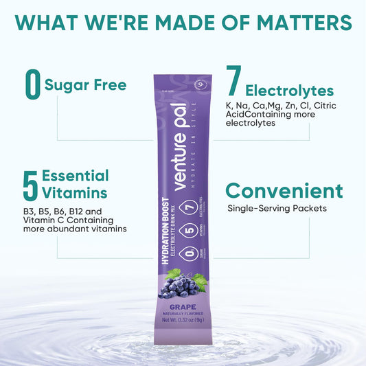 Venture Pal Sugar Free Electrolyte Powder Packets - Liquid Daily IV Drink Mix for Rapid Hydration & Party Recovery | 5 Vitamins & 7 Electrolytes| Keto Friendly | Non-GMO | Certified Vegan | 16 Sticks