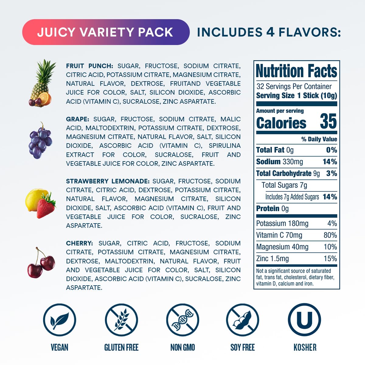 DripDrop Hydration Packets - Juicy Variety Pack - Single Serve Electrolytes Powder Drink Mix - Grape, Fruit Punch, Strawberry Lemonade, Cherry - Non-GMO, Gluten Free, Vegan - 32 Sticks