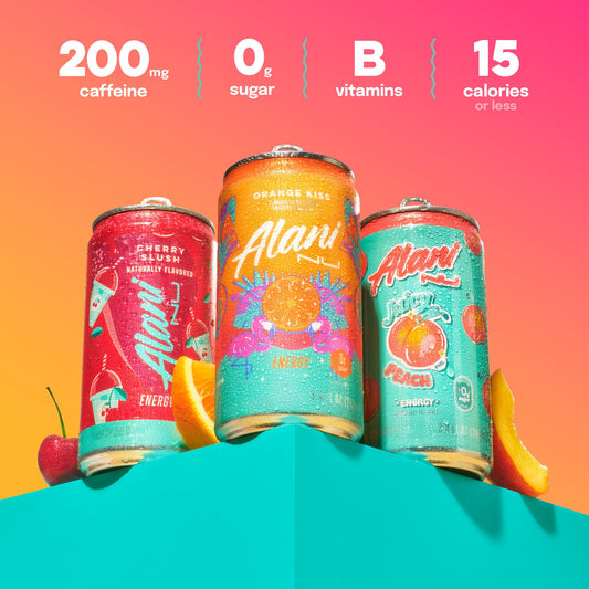 Alani Nu VARIETY PACK (CHERRY SLUSH, JUICY PEACH, ORANGE KISS), Low Calorie Energy Drinks, 100mg Caffeine, Biotin, B Vitamins, Zero Sugar, 10 Calories or Less, 8 Fl Oz Cans, 12 Pack