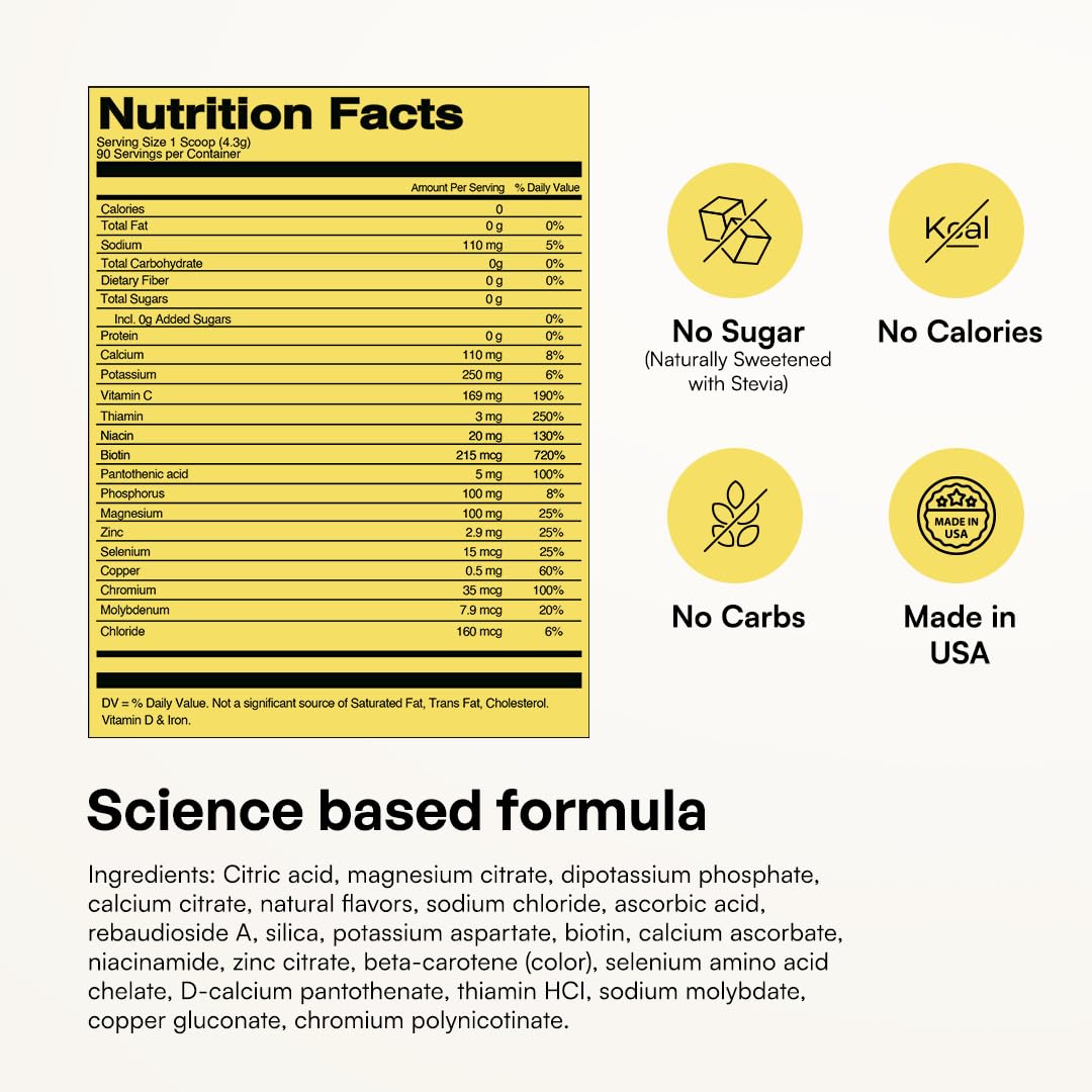 KEY NUTRIENTS Multivitamin Electrolytes Powder No Sugar - Refreshing Lemonade Electrolyte Powder - Sodium & Energy Supplement - Hydration Powder - No Calories - 90 Servings - Made in USA