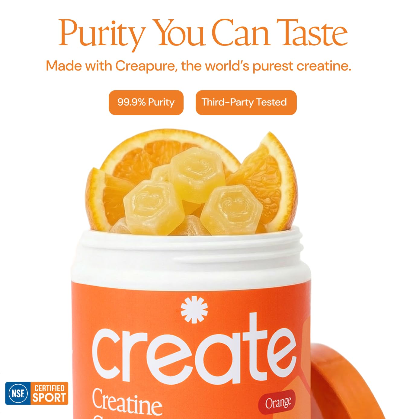 Create Creatine Monohydrate Gummies for Men & Women, Boost Focus, Strength, and Endurance, Anti-Melting Formula, Vegan, Gluten-Free, Non-GMO, 1.5g of Creatine per Gummy (Orange)