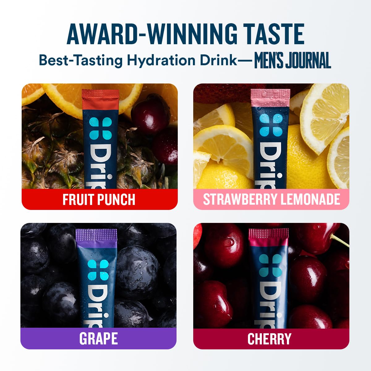 DripDrop Hydration Packets - Juicy Variety Pack - Single Serve Electrolytes Powder Drink Mix - Grape, Fruit Punch, Strawberry Lemonade, Cherry - Non-GMO, Gluten Free, Vegan - 32 Sticks