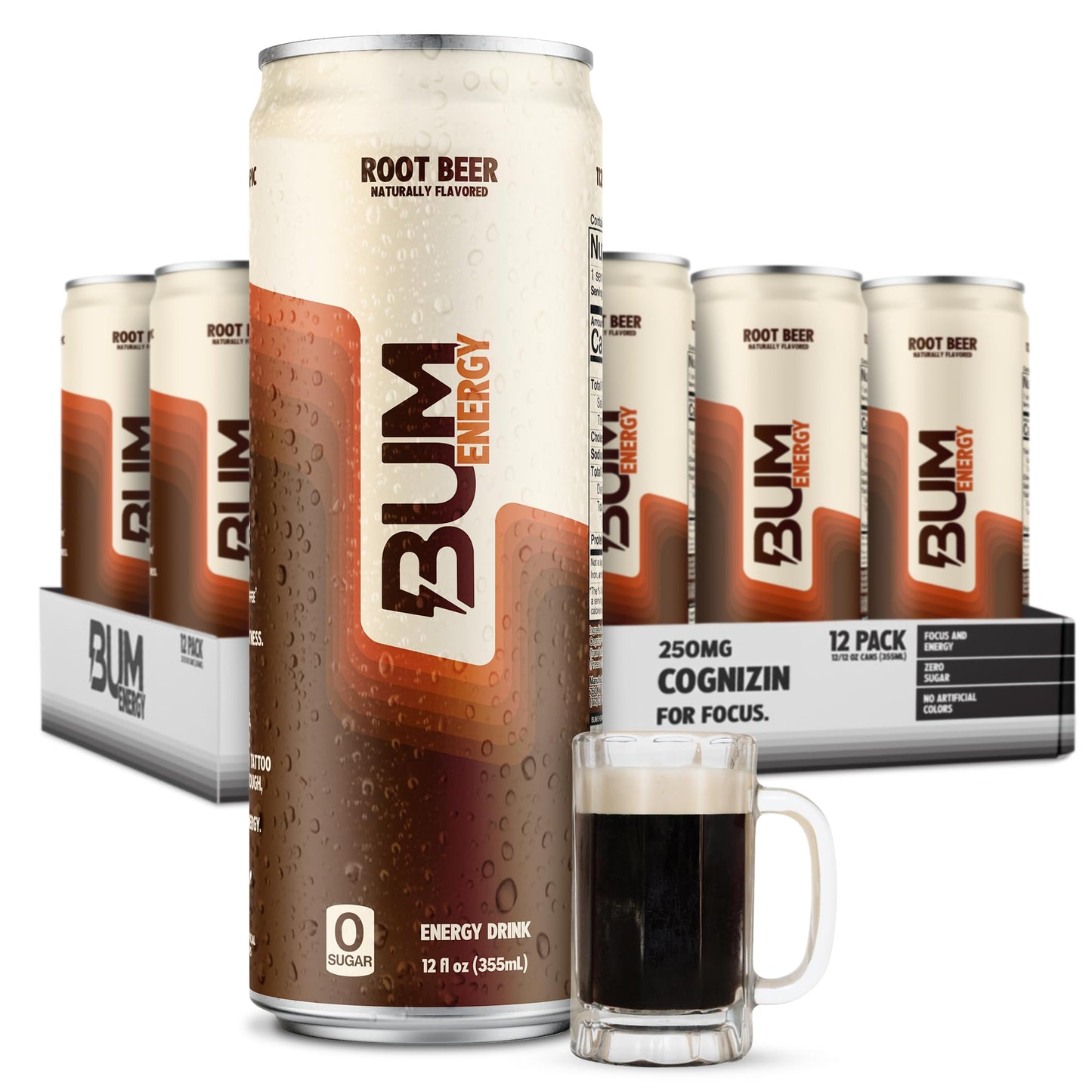 BUM Sugar-Free Energy Drink, Root Beer - Lightly Carbonated & No Artificial Colors, Natural Caffeine & Citicoline for Energy & Focus, Brain Boost & Workout Sports Beverage - 12 oz, Pack of 12