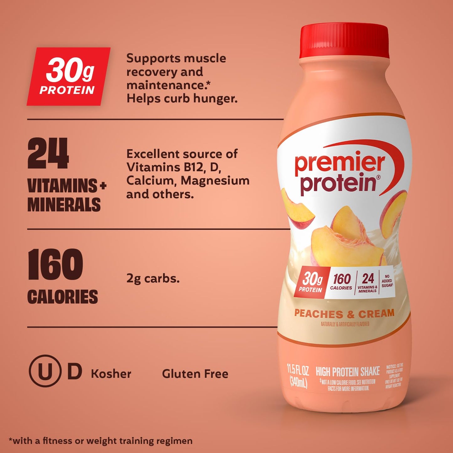 Premier Protein Shake, Peaches & Cream, 30g Protein, No Added Sugar, 24 Vitamins & Minerals to Support Immune Health, Gluten-Free, 11.5 fl oz (12 Pack)