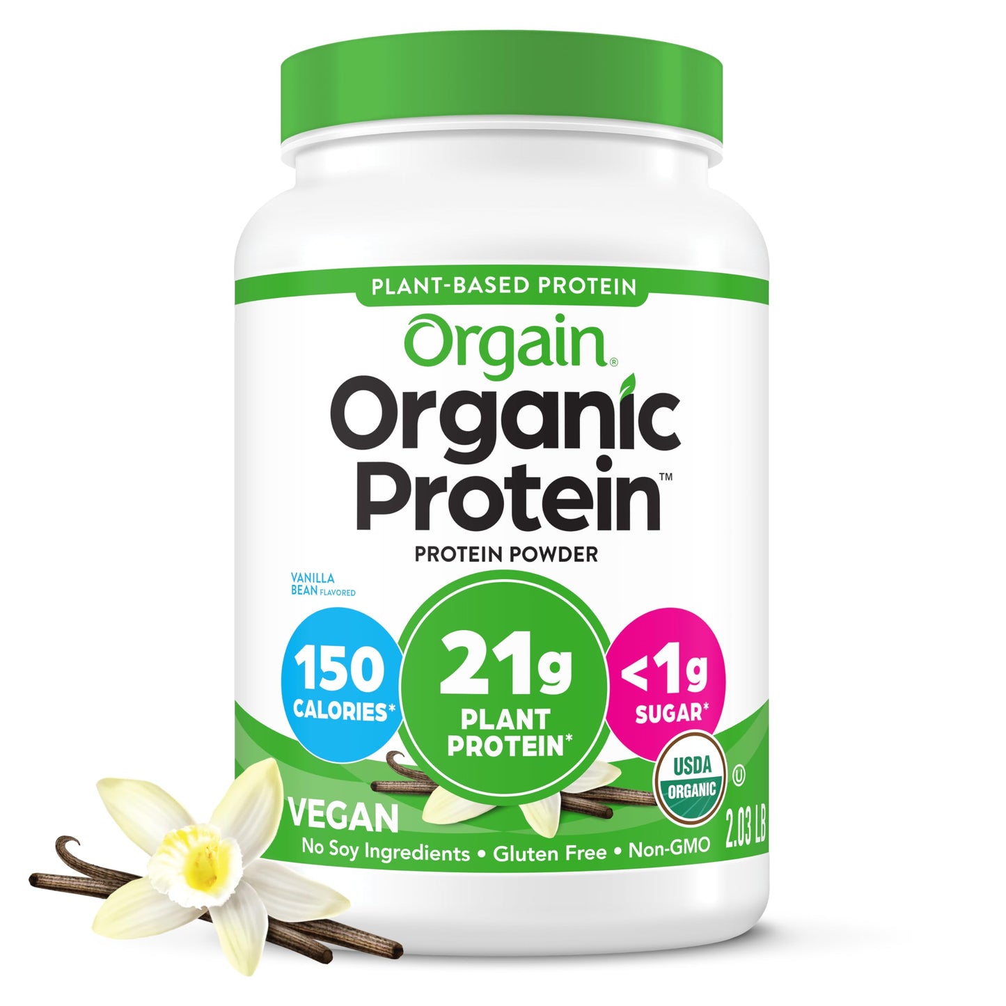 Orgain Organic Vegan Protein Powder, Vanilla Bean - 21g Plant Protein, 6g Prebiotic Fiber, No Lactose Ingredients, No Added Sugar, Non-GMO, for Shakes & Smoothies, 2.03 lb (Packaging May Vary)
