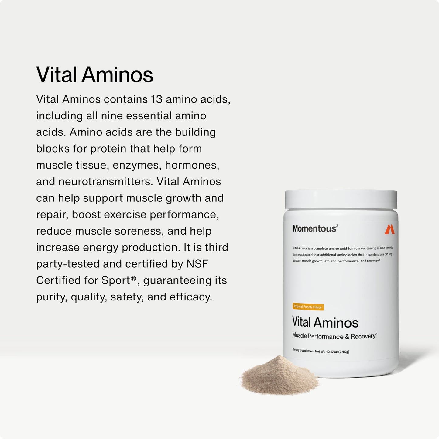 Momentous Vital Aminos Powder Supplement - BCAA & EAA - Tropical Punch - NSF Certified for Sport - GMO- & Gluten-Free - 30 Servings - Package May Vary