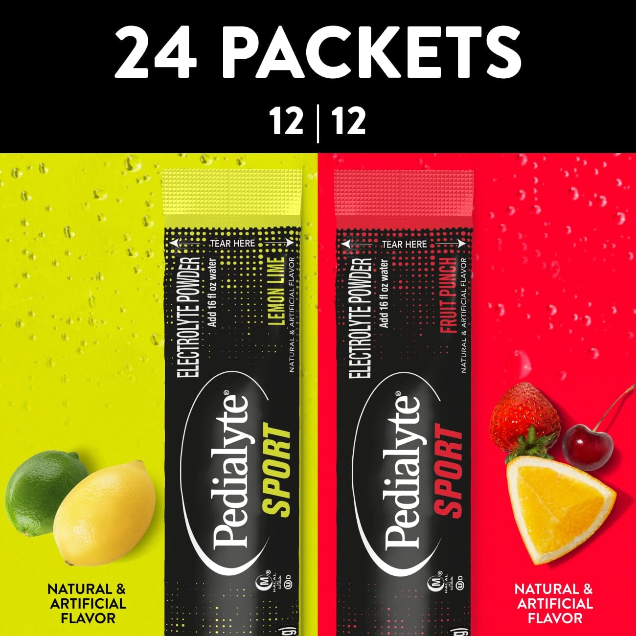 Pedialyte Sport Electrolyte Powder, Fast Hydration with 5 Key Electrolytes for Muscle Support Before, During, & After Exercise, 12 Lemon Lime & 12 Fruit Punch, 0.49-oz Packets (24 Count)