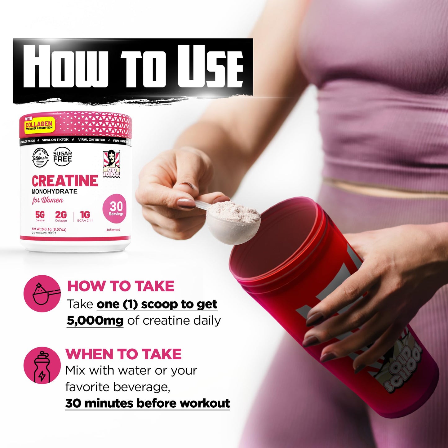 Old School Labs Creatine for Women – Post-Workout Supplement with 5000mg Creatine Monohydrate Powder, 2000mg Collagen & BCAA 2:1:1 for Strength Support & Recovery – Unflavored - 8.57 Ounce (Pack of 1)