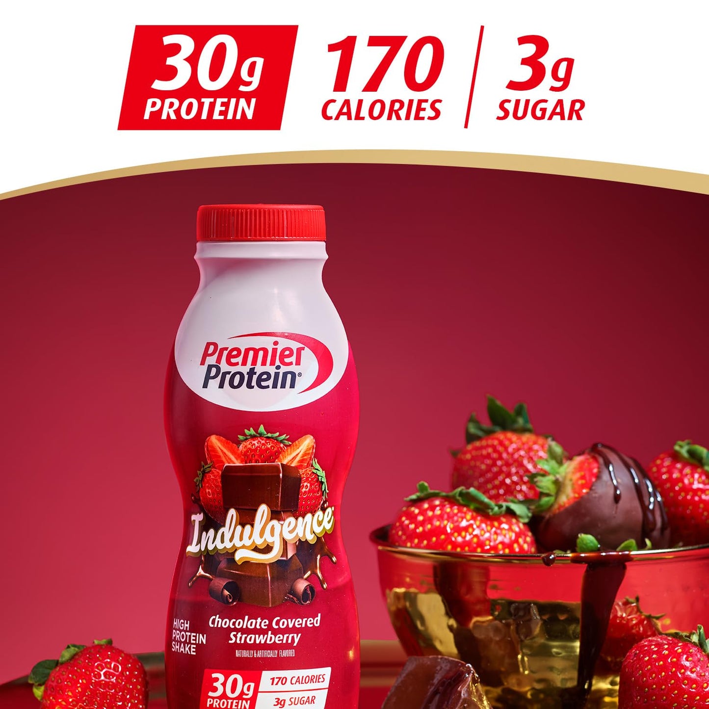 Premier Protein Shake INDULGENCE, Chocolate Covered Strawberry, 30g Protein, 170 Calories, 3g Sugar, 11.5 fl oz, 12 Pack (Packaging May Vary)