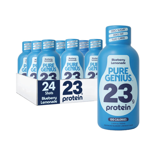 Pure Genius 23g Protein Shot Drink | 100 Calories, No Sugar, No Fat, Whey & Collagen, Gluten Free, Keto Friendly, No Artificial Flavors or Sweeteners, TSA Size 3.38 Fl Oz, Blueberry Lemonade (24 Pack)