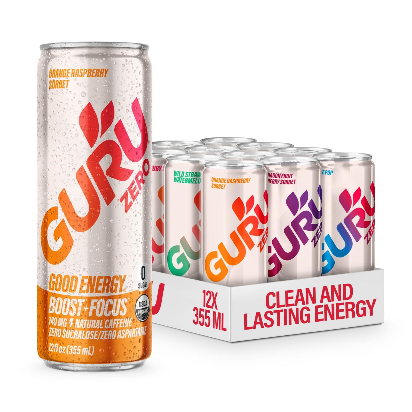 GURU Zero Sugar Energy Drink Variety Pack, Organic Sparkling Energy Drink with 140 MG Natural Caffeine & Coconut Water for Workouts, Performance & Midday Boost, Gluten Free, 6 Flavor Variety, 12 Fl Oz, 12 Pack