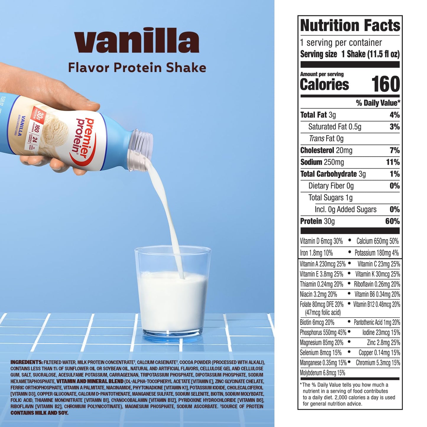 Premier Protein Shake, Vanilla, 30g Protein, No Added Sugar, 24 Vitamins & Minerals to Support Immune Health, Gluten-Free, 11.5 fl oz (12 Pack)