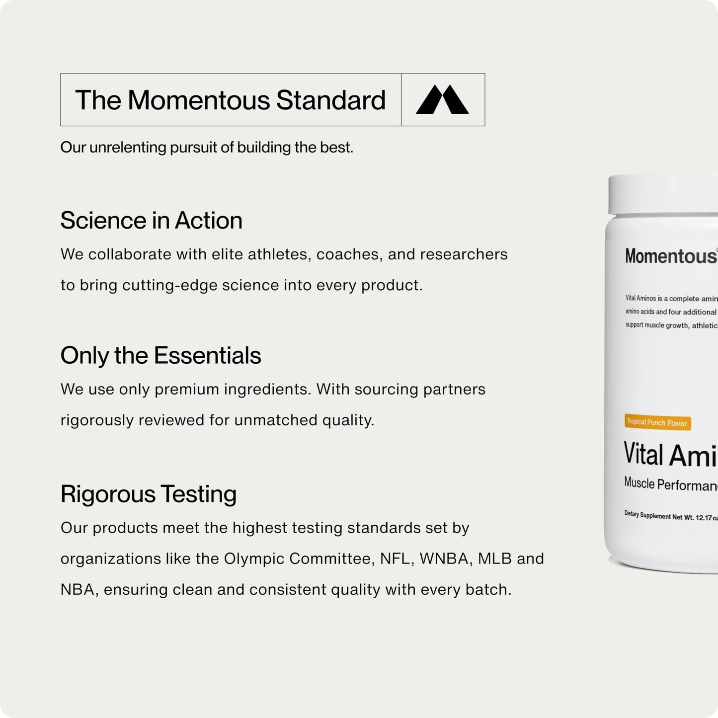 Momentous Vital Aminos Powder Supplement - BCAA & EAA - Tropical Punch - NSF Certified for Sport - GMO- & Gluten-Free - 30 Servings - Package May Vary