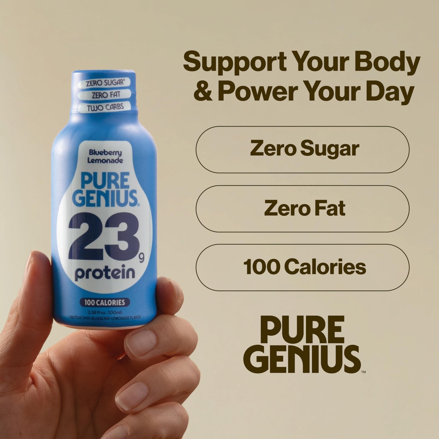 Pure Genius 23g Protein Shot Drink | 100 Calories, No Sugar, No Fat, Whey & Collagen, Gluten Free, Keto Friendly, No Artificial Flavors or Sweeteners, TSA Size 3.38 Fl Oz, Blueberry Lemonade (24 Pack)