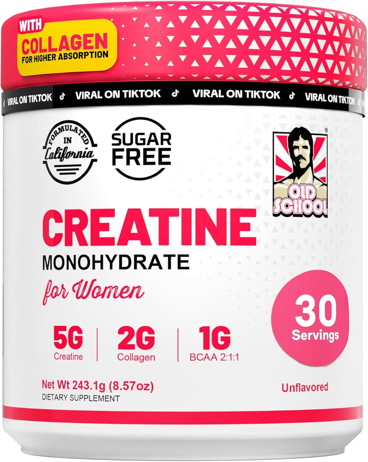 Old School Labs Creatine for Women – Post-Workout Supplement with 5000mg Creatine Monohydrate Powder, 2000mg Collagen & BCAA 2:1:1 for Strength Support & Recovery – Unflavored - 8.57 Ounce (Pack of 1)