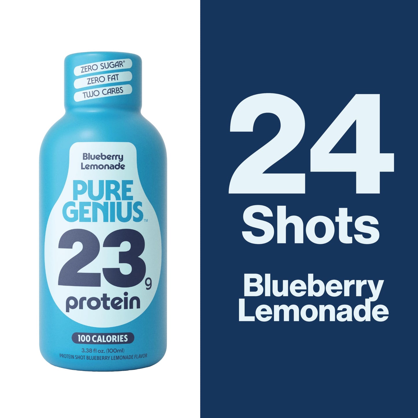 Pure Genius 23g Protein Shot Drink | 100 Calories, No Sugar, No Fat, Whey & Collagen, Gluten Free, Keto Friendly, No Artificial Flavors or Sweeteners, TSA Size 3.38 Fl Oz, Blueberry Lemonade (24 Pack)
