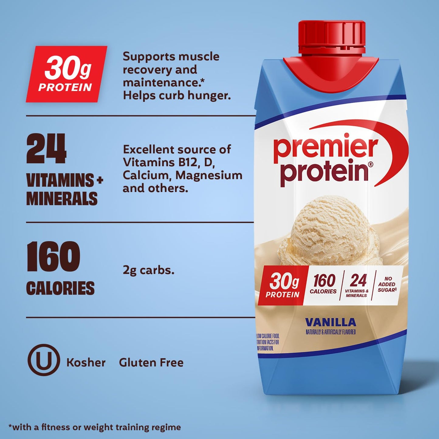 Premier Protein Shake, Vanilla, 30g Protein, No Added Sugar, 24 Vitamins & Minerals to Support Immune Health, 11 fl oz, 12 Pack