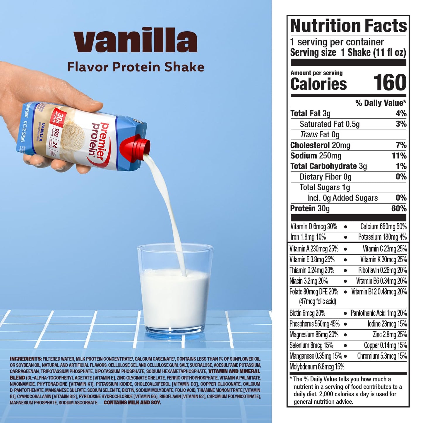 Premier Protein Shake, Vanilla, 30g Protein, No Added Sugar, 24 Vitamins & Minerals to Support Immune Health, 11 fl oz, 12 Pack