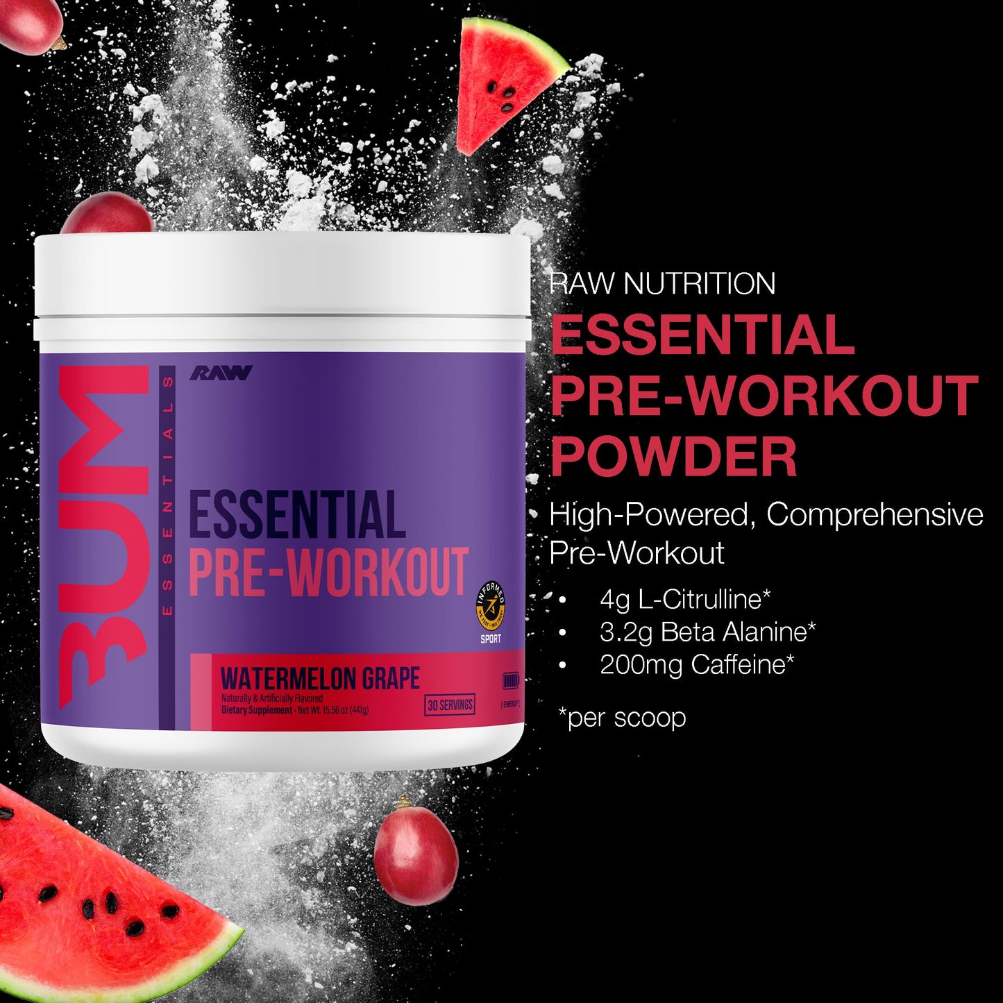 RAW Essential Pre-Workout Powder (Watermelon Grape) - Chris Bumstead Sports Nutrition Supplement for Men & Women - Preworkout Energy Powder with Caffeine, L-Citrulline, L-Tyrosine & Beta Alanine Blend