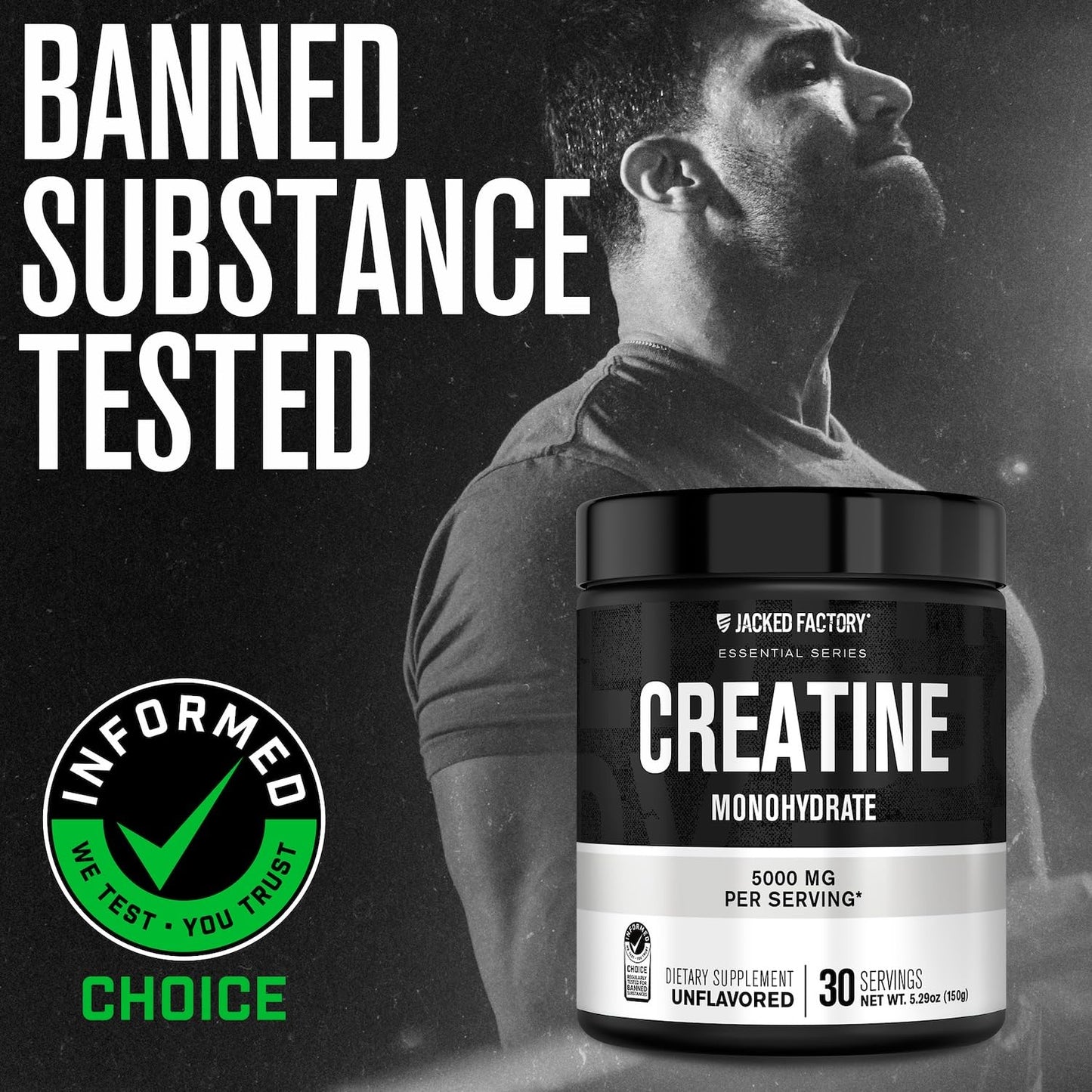 Jacked Factory Creatine Monohydrate Powder 150g - 5g Daily Creatine Supplement for Men and Women, Vegan-Friendly, Third-Party Tested - 30 Servings, Unflavored