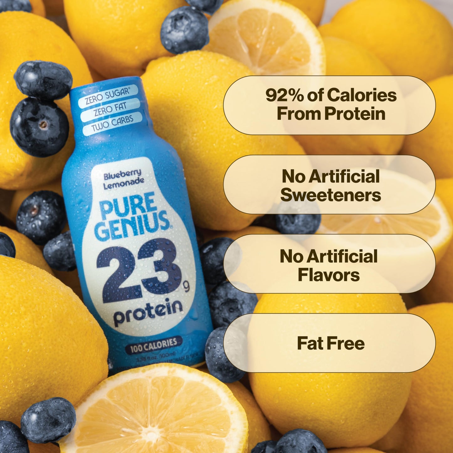 Pure Genius 23g Protein Shot Drink | 100 Calories, No Sugar, No Fat, Whey & Collagen, Gluten Free, Keto Friendly, No Artificial Flavors or Sweeteners, TSA Size 3.38 Fl Oz, Blueberry Lemonade (24 Pack)