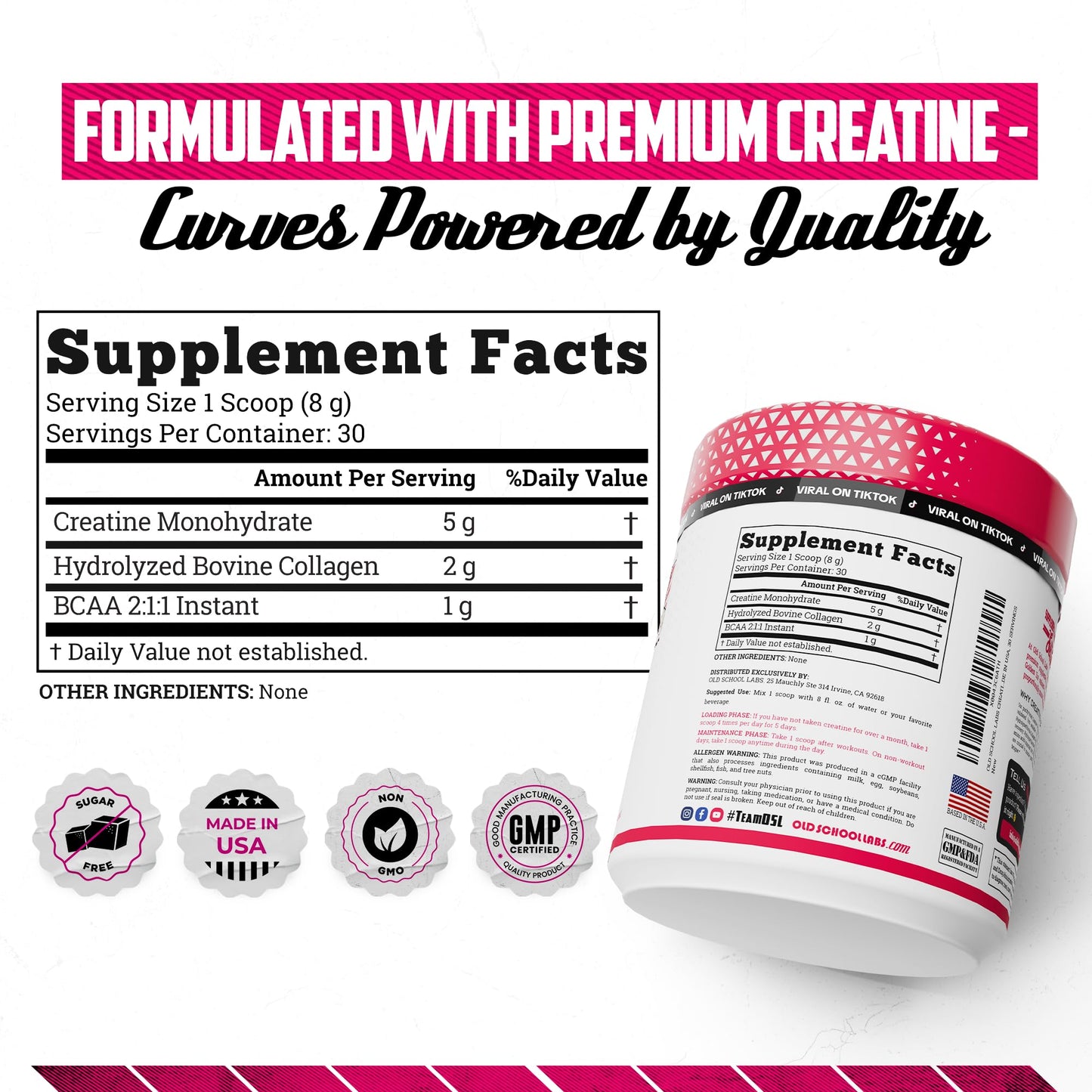 Old School Labs Creatine for Women – Post-Workout Supplement with 5000mg Creatine Monohydrate Powder, 2000mg Collagen & BCAA 2:1:1 for Strength Support & Recovery – Unflavored - 8.57 Ounce (Pack of 1)