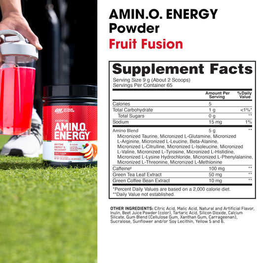 Optimum Nutrition Amino Energy - Pre Workout with Green Tea, BCAA, Amino Acids, Keto Friendly, Green Coffee Extract, Energy Powder - Fruit Fusion, 65 Servings (Packaging May Vary)