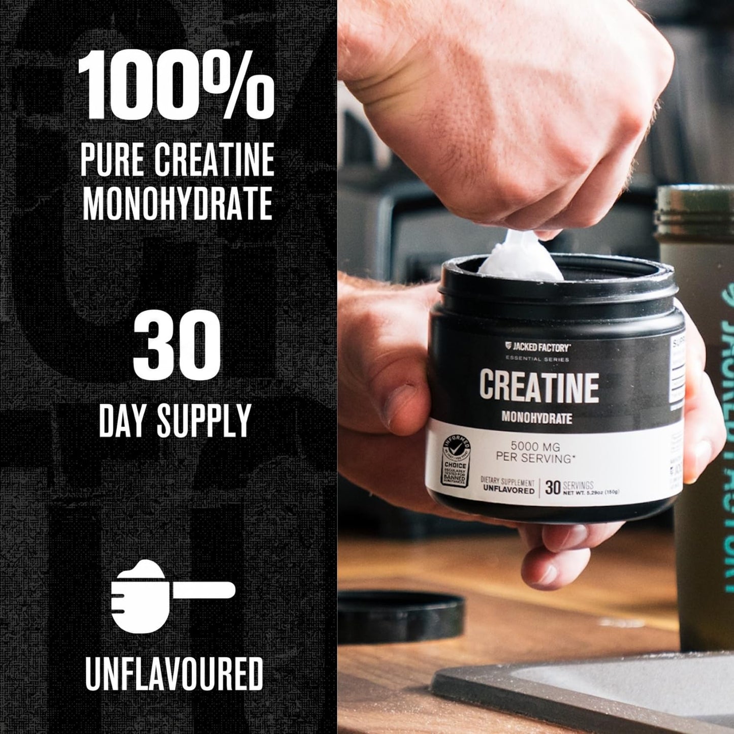 Jacked Factory Creatine Monohydrate Powder 150g - 5g Daily Creatine Supplement for Men and Women, Vegan-Friendly, Third-Party Tested - 30 Servings, Unflavored