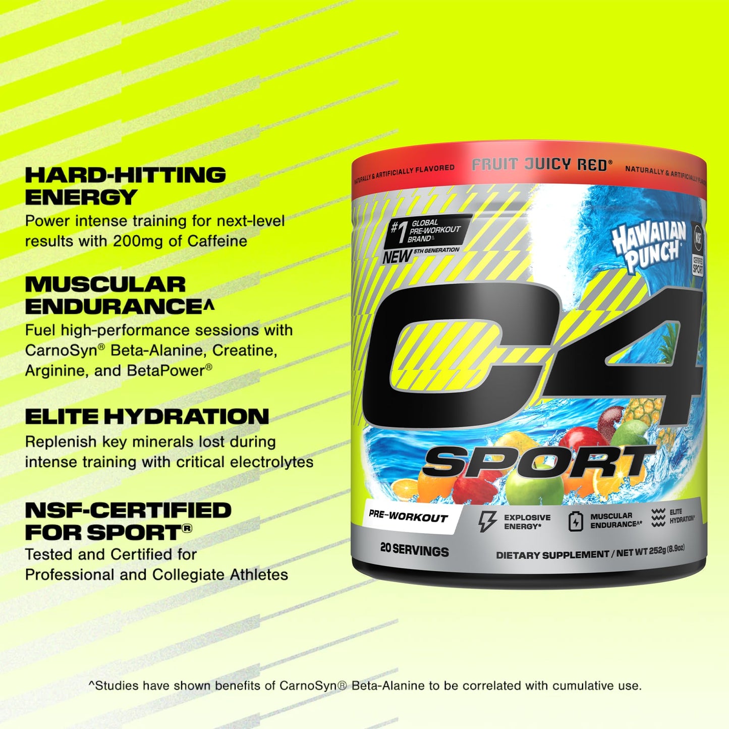 C4 Sport Pre Workout Powder - NSF Certified for Sport - Elite Hydration - 200mg Caffeine + Creatine + Beta-Alanine - Electrolytes and Energy Supplement - Hawaiian Punch, 20 Servings