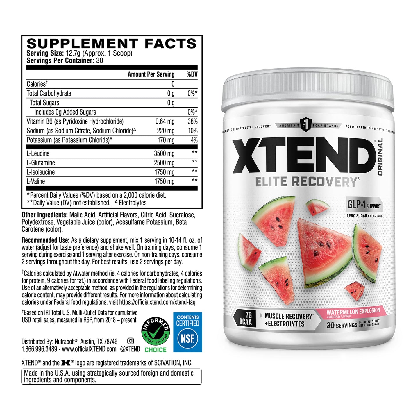 Xtend Original BCAA Powder, 7g BCAAs and 2.5g L-Glutamine for Muscle Recovery Hydration and Lean Muscle, Sugar Free Intra and Post Workout Drink with Electrolytes, Watermelon Explosion, 30 Servings