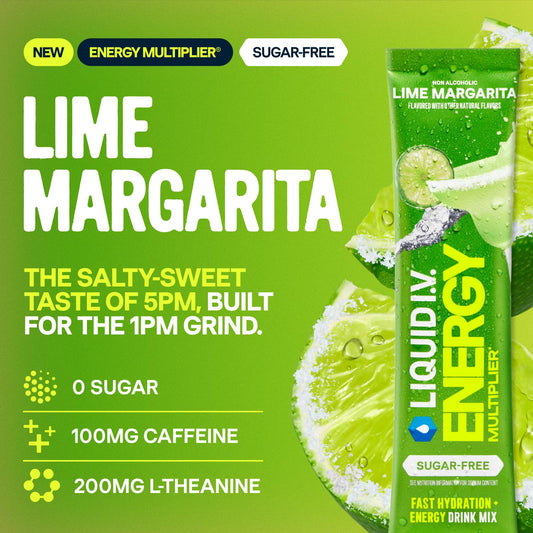 Liquid I.V.® Hydration Multiplier Sugar-Free + Energy - Lime Margarita Mocktail | Electrolyte Powder Drink Mix | 1 Pack (14 Servings)