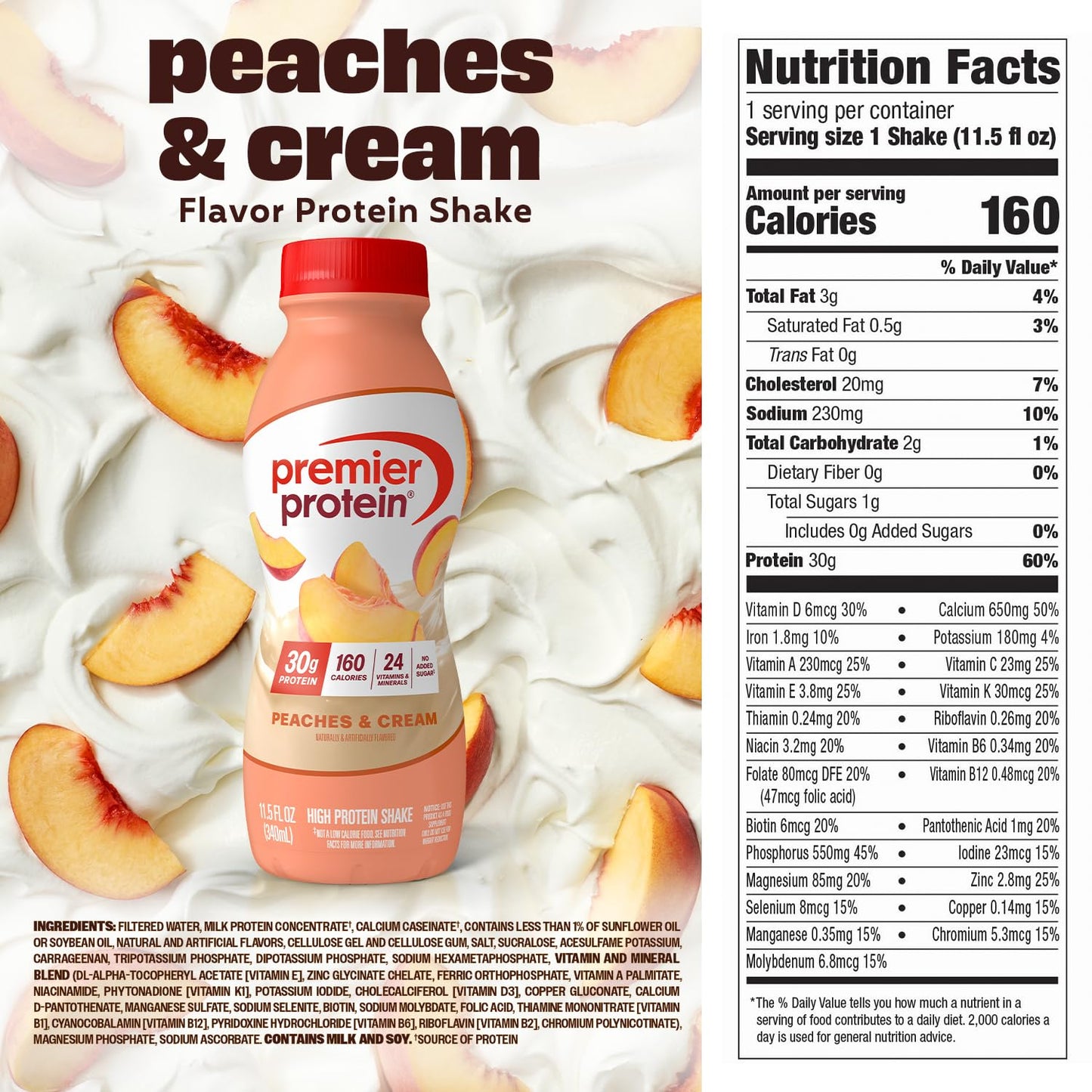 Premier Protein Shake, Peaches & Cream, 30g Protein, No Added Sugar, 24 Vitamins & Minerals to Support Immune Health, Gluten-Free, 11.5 fl oz (12 Pack)