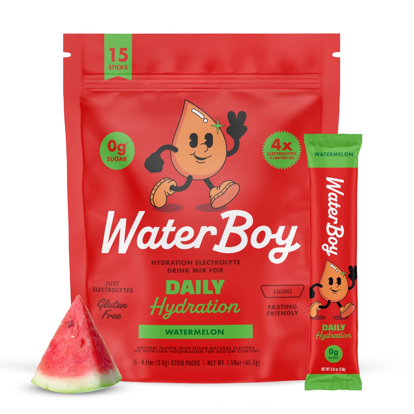 WaterBoy - Daily Hydration, Watermelon, Sugar Free Electrolytes Powder Drink Mix - 15ct Hydration Packets