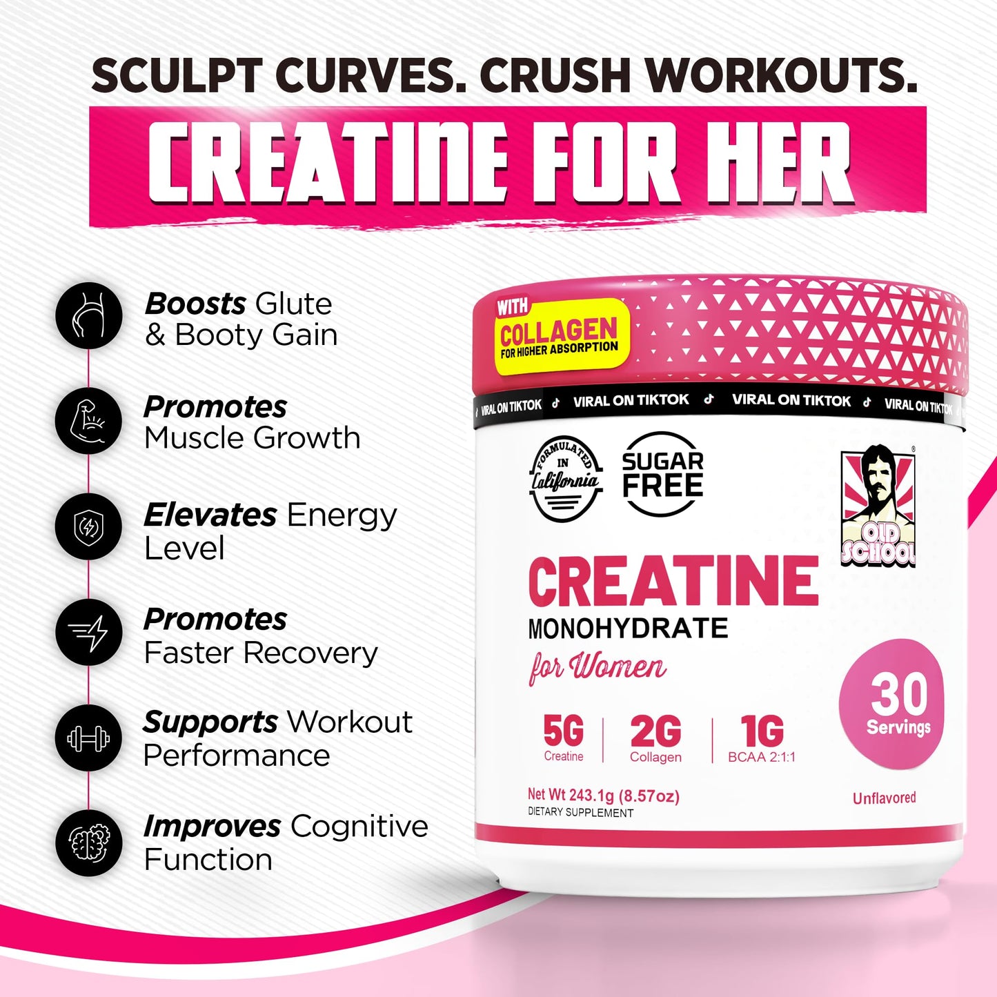 Old School Labs Creatine for Women – Post-Workout Supplement with 5000mg Creatine Monohydrate Powder, 2000mg Collagen & BCAA 2:1:1 for Strength Support & Recovery – Unflavored - 8.57 Ounce (Pack of 1)