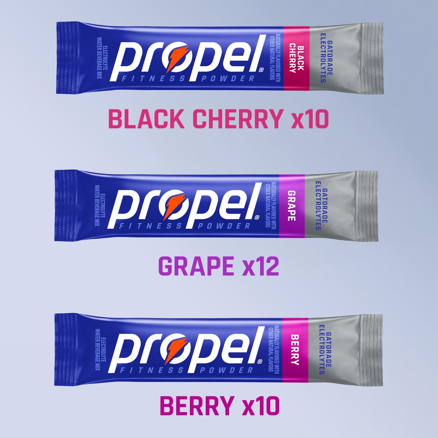 Propel Electrolyte Powder Drink Mix, 3 Flavor Variety Pack, (32 Servings), Zero Sugar, Enhanced Water Beverage, Gatorade Electrolytes, Vitamins, No Added Colors, No Artificial Flavors, Hydration