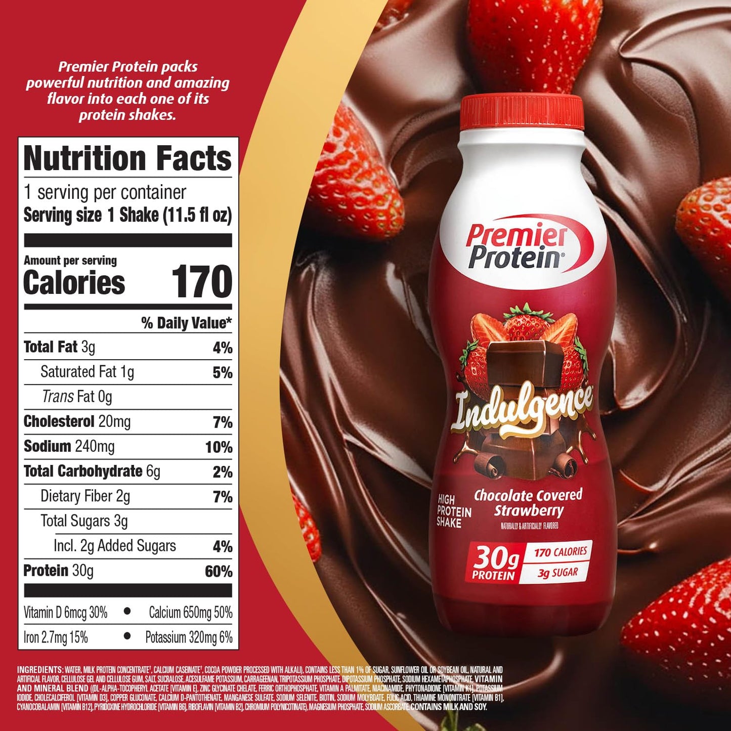 Premier Protein Shake INDULGENCE, Chocolate Covered Strawberry, 30g Protein, 170 Calories, 3g Sugar, 11.5 fl oz, 12 Pack (Packaging May Vary)