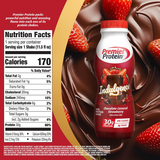 Premier Protein Shake INDULGENCE, Chocolate Covered Strawberry, 30g Protein, 170 Calories, 3g Sugar, 11.5 fl oz, 12 Pack (Packaging May Vary)