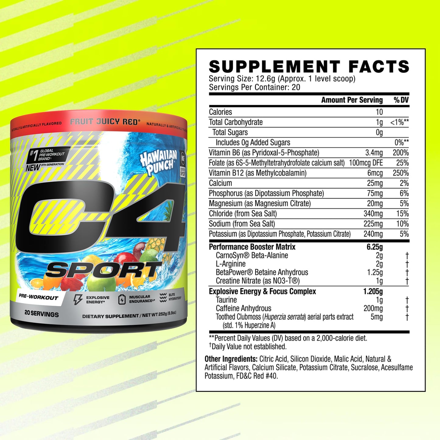 C4 Sport Pre Workout Powder - NSF Certified for Sport - Elite Hydration - 200mg Caffeine + Creatine + Beta-Alanine - Electrolytes and Energy Supplement - Hawaiian Punch, 20 Servings