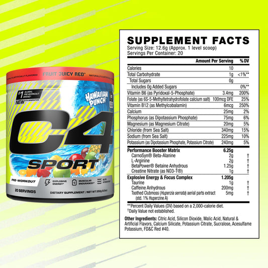 C4 Sport Pre Workout Powder - NSF Certified for Sport - Elite Hydration - 200mg Caffeine + Creatine + Beta-Alanine - Electrolytes and Energy Supplement - Hawaiian Punch, 20 Servings