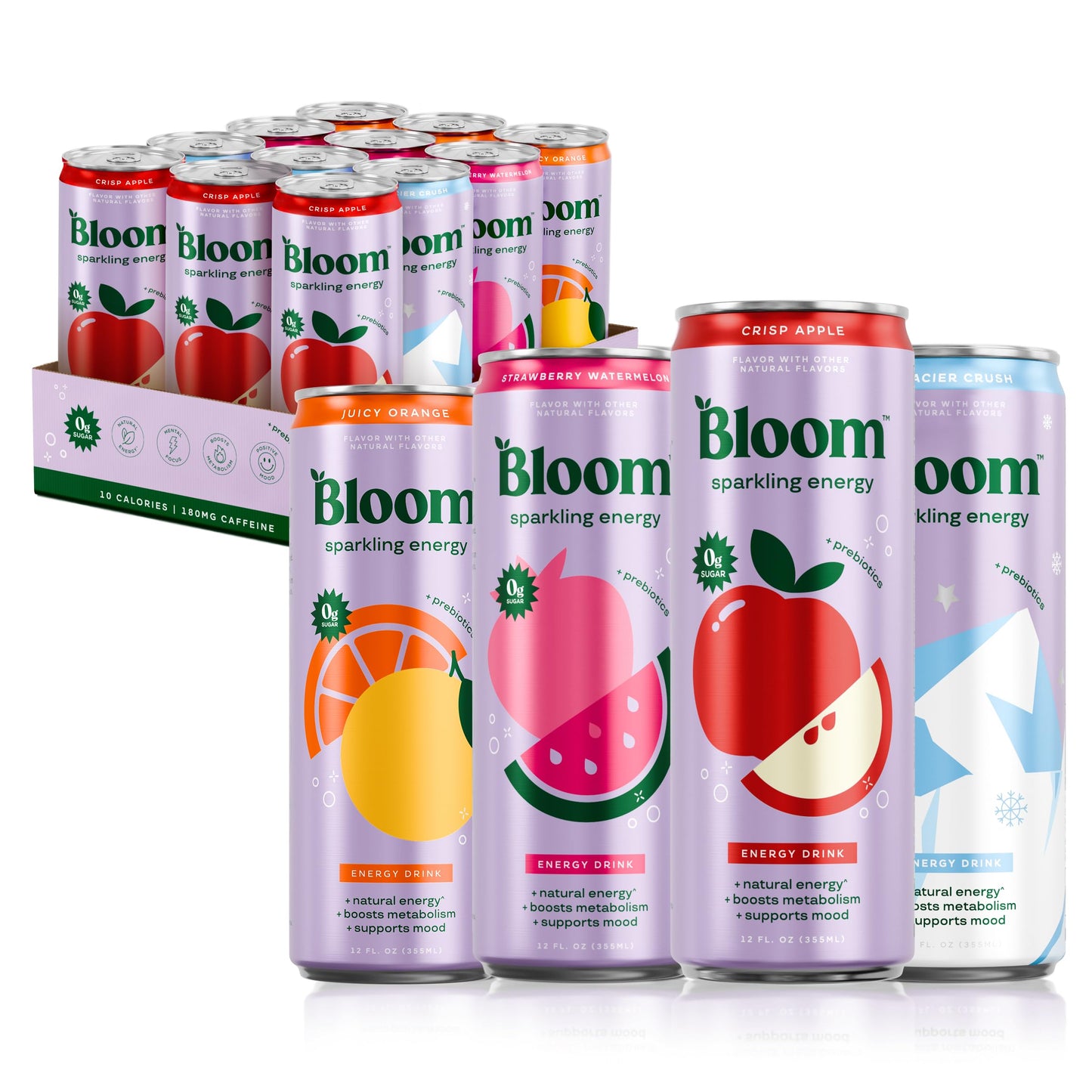 Bloom Nutrition Sparkling Energy Drink - Apple Crisp / Glacier Crush Variety Pack - Natural Caffeine, Zero Sugar, 180mg Caffeine - Antioxidant-Rich with Green Coffee Bean, Green Tea Extract, Prebiotics - 12oz 12 Pack