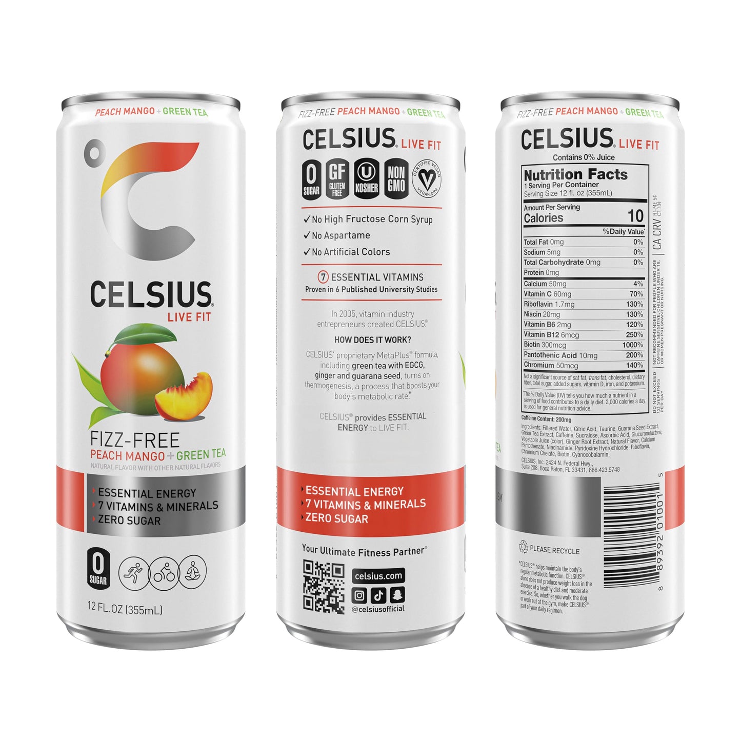 CELSIUS Fizz Free Peach Mango Green Tea, Sugar Free Energy Drink, 12 Fl Oz (Pack of 12)