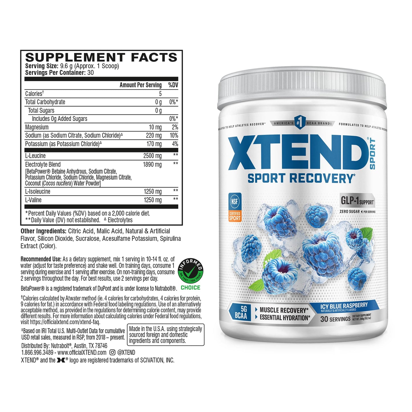 XTEND Sport BCAA Powder Blue Raspberry Ice - Electrolyte Powder for Recovery & Hydration with Amino Acids - 30 Servings