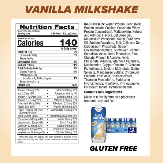 Pure Protein Vanilla Protein Shake, 30g Complete Protein, Vitamins A, C, D, and E plus Zinc to Support Immune Health, Ready to Drink and Keto-Friendly, 11oz Bottles, 12 Pack