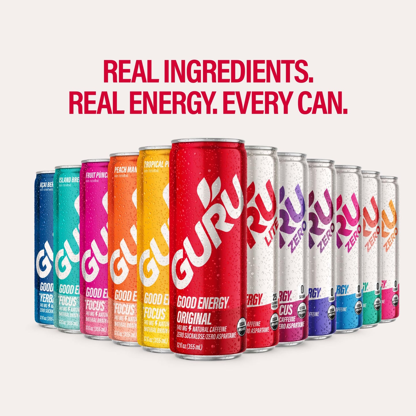 GURU Zero Sugar Energy Drink Variety Pack, Organic Sparkling Energy Drink with 140 MG Natural Caffeine & Coconut Water for Workouts, Performance & Midday Boost, Gluten Free, 6 Flavor Variety, 12 Fl Oz, 12 Pack