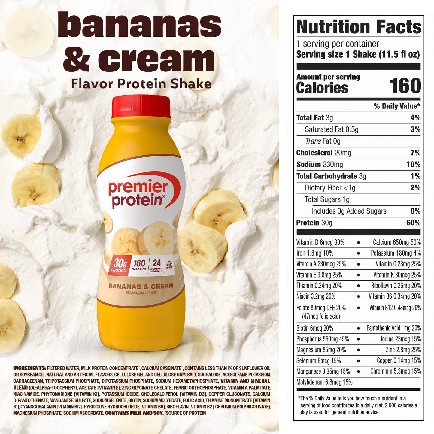 Premier Protein Shake, Bananas & Cream, 30g Protein, No Added Sugar, 24 Vitamins & Minerals to Support Immune Health, Gluten-Free, 11.5 fl oz (12 Pack)