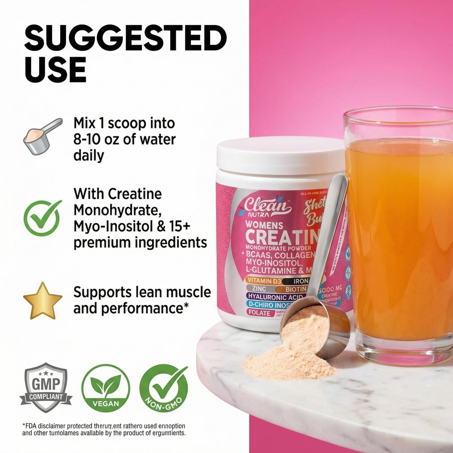 Creatine for Women | Creatine Monohydrate + BCAA Powder Myo-Inositol Collagen Biotin Hyaluronic Acid Folate L Glutamine Vitamin D3 Iron Zinc D-Chiro-Maca Digestion Shelf Builder By Clean Nutra