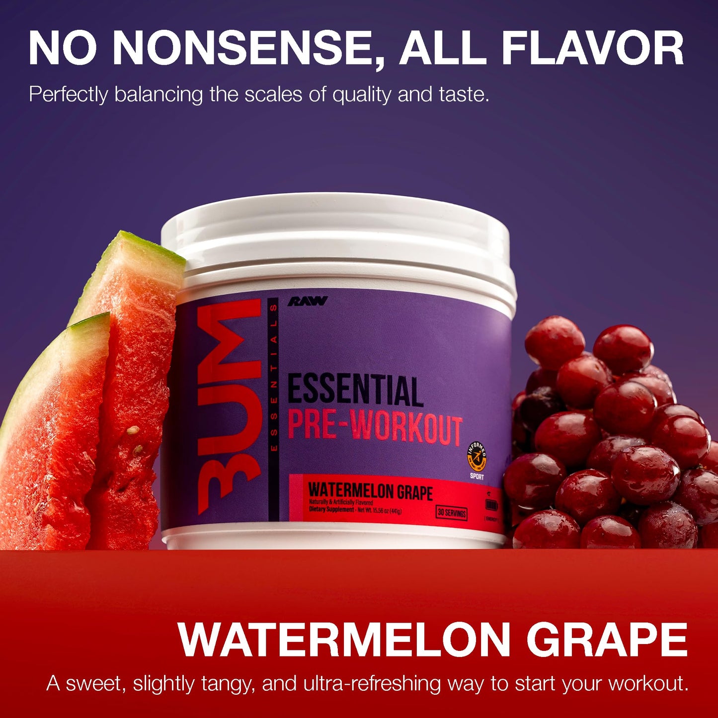 RAW Essential Pre-Workout Powder (Watermelon Grape) - Chris Bumstead Sports Nutrition Supplement for Men & Women - Preworkout Energy Powder with Caffeine, L-Citrulline, L-Tyrosine & Beta Alanine Blend
