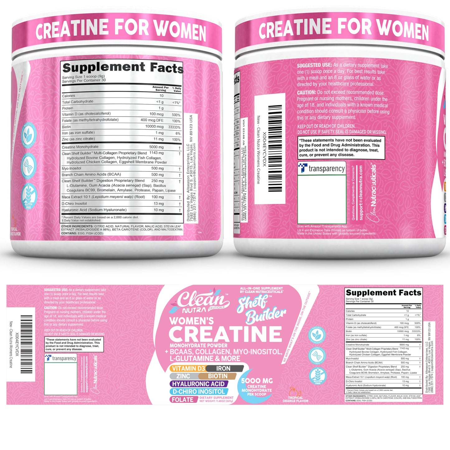 Creatine for Women | Creatine Monohydrate + BCAA Powder Myo-Inositol Collagen Biotin Hyaluronic Acid Folate L Glutamine Vitamin D3 Iron Zinc D-Chiro-Maca Digestion Shelf Builder By Clean Nutra