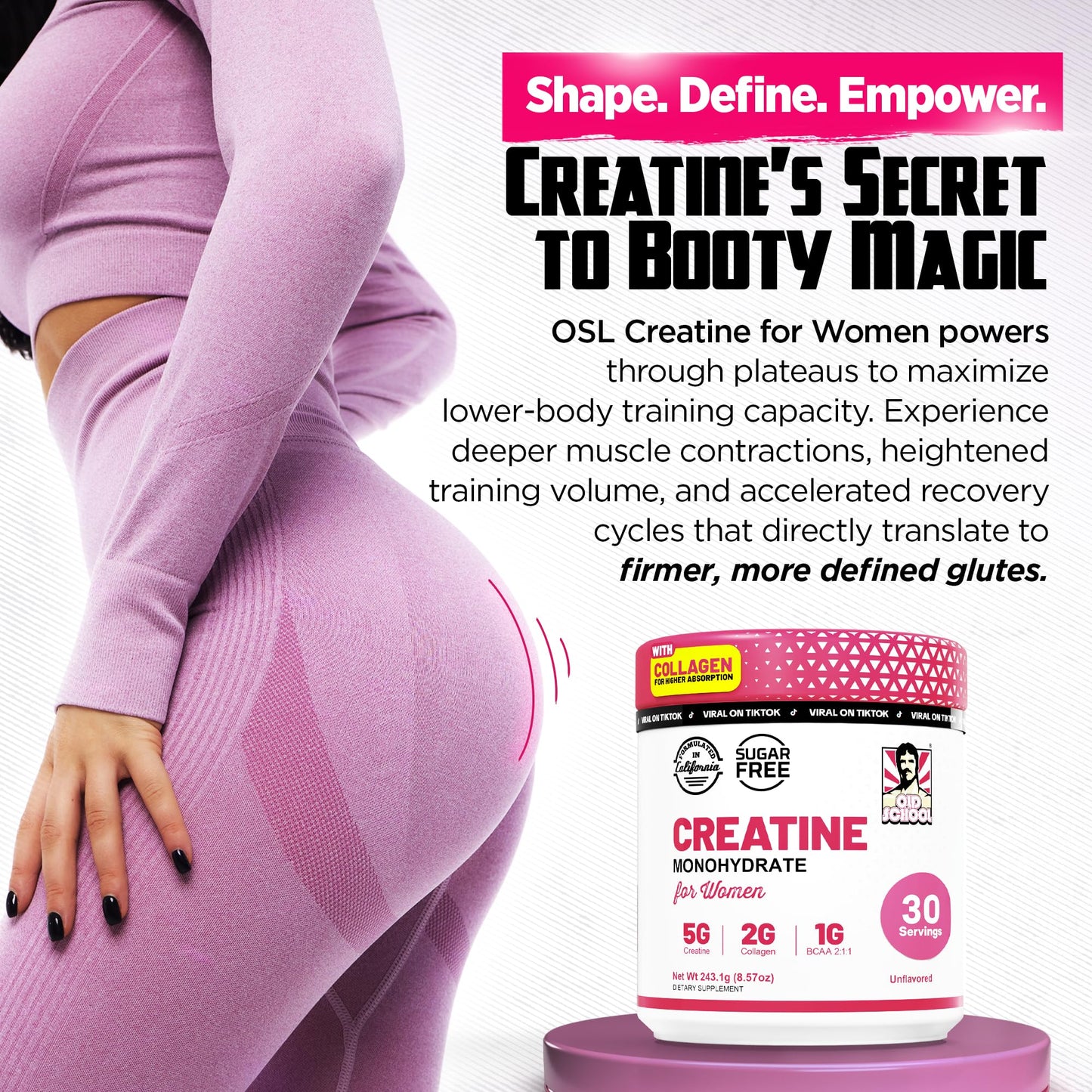 Old School Labs Creatine for Women – Post-Workout Supplement with 5000mg Creatine Monohydrate Powder, 2000mg Collagen & BCAA 2:1:1 for Strength Support & Recovery – Unflavored - 8.57 Ounce (Pack of 1)